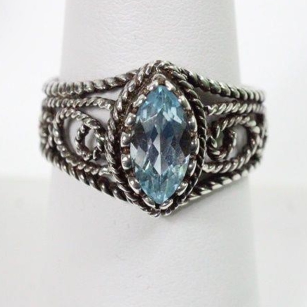 Vintage AVON 925 Silver Marquise Blue Topaz Rope Filigree Ring